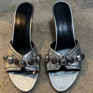 Balenciaga Silver Mules with Buckle Detail